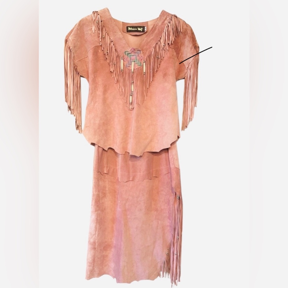Vintage Patricia Wolf Handmade painted Deerskin fringe skirt top Native American